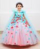 Li&Li BOUTIQUE Net Long Cape Sleeves Floral Applique Detailed Pearls Embellished Gown - Coral & Aqua Blue