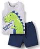 Doodle Poodle 100% Cotton Knit Sleeveless T-Shirt & Shorts Set With Dino Print - Grey & Navy Blue