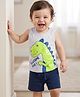 Doodle Poodle 100% Cotton Knit Sleeveless T-Shirt & Shorts Set With Dino Print - Grey & Navy Blue