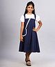 Zion Cotton Half Puffed Sleeves Abstract Printed Dress With Purse - Navy Blue