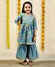 The Mom Store Cotton Three Fourth Sleeves Floral Printed Gota Lace Embellished Anarkali Kurta Sharara Set - Blue