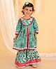 The Mom Store Cotton Three Fourth Sleeves Floral Printed Gota Lace Embellished Anarkali Kurta Sharara Set - Green