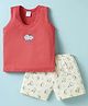 Tango Single Jersey Knit Sleeveless Bear Printed Vest & Knee Length Shorts Set - Red & Cream