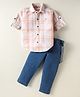 Dapper Dudes Full Sleeves Checked Suspender Shirt With Pant Set - Peach
