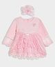 Mi Arcus Cotton Full Sleeves Floral Embroidered Dress With Hairband - Pink