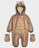 Mi Arcus Full Sleeves Solid Quilted Puffer Hooded Romper With Mittens Set - Brown