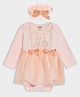Mi Arcus Full Sleeves Bow Applique Detailed & Lace Embellished Floral Embroidered Onesie With Headband - Peach