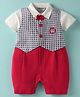 Wonderchild Half Sleeves Abstract Embroidered Patch Detailed Romper With Attached Bow & Waistcoat - Red & Navy Blue
