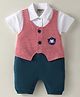 Wonderchild Half Sleeve Solid Tee With Attached Striped  Patch Detailed Waistcoat & Shorts Set - Red & Navy Blue