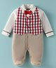 Wonderchild Full Sleeves Checked Romper With Attached Bow & Waistcoat - Deep Fawn