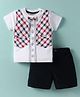 Wonderchild Half Sleeves Button Printed Tee With Solid Shorts & Attached Bow & Waistcoat - White & Navy Blue
