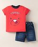 Wonderchild Interlock Half Sleeves Typography Embroidered Tee With Mild Washed Shorts - Cherry