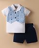 Wonderchild Half Sleeves Solid Tee With Solid Shorts & Attached Anchor Printed Waistcoat - White & Navy Blue