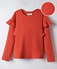 Kookie Kids Cotton Jersey Full Sleeves Solid Color Top with Frill Detailing - Coral