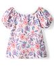 Kookie Kids Knit Half Balloon Sleeves Top with Floral Print - White & Pink
