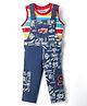 Babyhug Disney Single Jersey Knit Sleeveless T-Shirt And Dungaree Set With Car Graphics - Blue & Yellow