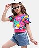 Ollington St. Cotton  Knit Half Sleeves Floral Printed Top & Stretchable Denim Shorts Set - Multicolor & Indigo
