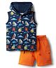 Babyhug Single Jersey Knit Sleeveless Hooded T-Shirt & Shorts Set With Boat Print - Navy Blue & Orange