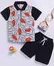 Little Ninja Cotton Half Sleeves Rugby Ball Printed Polo Tee & Shorts Set - Grey & Black