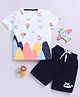 Little Ninja Cotton Half Sleeves Helicopters Printed Coordinating Tee & Shorts Set - White & Navy Blue