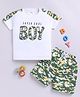 Little Ninja Cotton Half Sleeves Camouflage Printed Tee & Shorts Set - White & Green