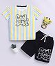 Little Ninja Cotton Half Sleeves Striped & Cool Dude Text Printed Coordinating Tee & Shorts Set - Cream & Black