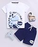 Little Ninja Cotton Half Sleeves Dinosaur Printed Coordinating Tee & Shorts Set - White & Navy Blue