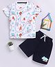 Little Ninja Cotton Half Sleeves Safari Theme Printed Tee & Coordinating Shorts Set - White & Navy Blue