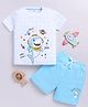 Little Ninja Cotton Half Sleeves Space Theme Printed Tee & Coordinating Shorts Set - White & Blue