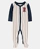 Carter's Cotton Knit Full Sleeves Striped Sleep Suit With Text Embroidery - Khaki