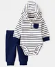 Carter's Knit Full Sleeves Striped Hooded Onesie with Leggings - Navy Blue & White