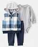 Carter's Knit Hooded Plaid Jacket & Joggers Set with Full Sleeves Onesie - Grey & Navy Blue