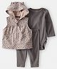 Carter's Knit Hooded Animal Print Jacket & Lounge Pant Set with Full Sleeves Onesie - Charcoal Grey & Beige