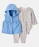 Carter's Knit Hooded Jacket & Lounge Pant Set with Full Sleeves Onesie with Floral Print - Light Blue & White