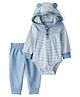 Carter's Knit Full Sleeves Hooded Onesie with Leggings & Stripes - Light Blue