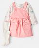 Carter's Knit Three Fourth Sleeves T-Shirt With Frock & Stockings with Bow Print & Pockets - Pink & White