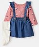 Carter's Knit Three Fourth Sleeves T-Shirt With Denim Frock & Stockings with Floral Print - Pink & Blue