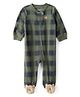 Carter's Cotton Knit Full Sleeves Checks Footed Sleep Suit With Teddy Bear Patch - Green