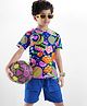 OLLINGTON ST. Cotton Knit Half Sleeves Toys Printed T-Shirt & Knit Shorts Set - Multicolor & Blue