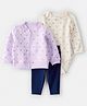 Carter's Knit Full Sleeves Jacket & Joggers Set with Floral Printed Onesie  - Purple & Cream