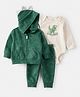 Carter's Knit Full Sleeves Hooded Jacket & Joggers Set with Onesie with Dino Applique & Print - Dark Green & Ivory