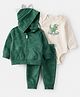 Carter's Knit Full Sleeves Hooded Jacket & Joggers Set with Onesie with Dino Applique & Print - Dark Green & Ivory