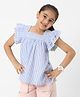 Nauti Nati Cotton Flutter Sleeves Striped & Floral Embroidered Top - Blue & White