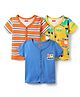 Babyhug 100% Cotton Front Open Half Sleeves Vest With Vehicles Print & Stripes Pack Of 3 - Blue Orange & Yellow