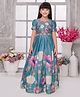 Tiny Kingdom Half Puffed Sleeves Floral Printed & Embroidered Lace Embellished Gown - Light Blue