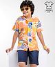 Ollington St. Cotton Knit Fruit Printed Half Sleeves Shirt & Stretchable Denim Shorts Set - Multicolor & Navy Blue