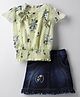 Enfance Synthetics Cap Sleeves Floral Printed Top With Denim Skirt - Lemon