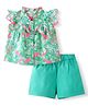 Nauti Nati Cotton Flutter Sleeves Leaves Printed Top & Shorts Set - Green