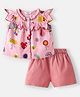 NautiNati Cotton Frill Sleeves Floral & Umbrella Printed Top & Shorts - Pink