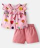 NautiNati Cotton Frill Sleeves Floral & Umbrella Printed Top & Shorts - Pink